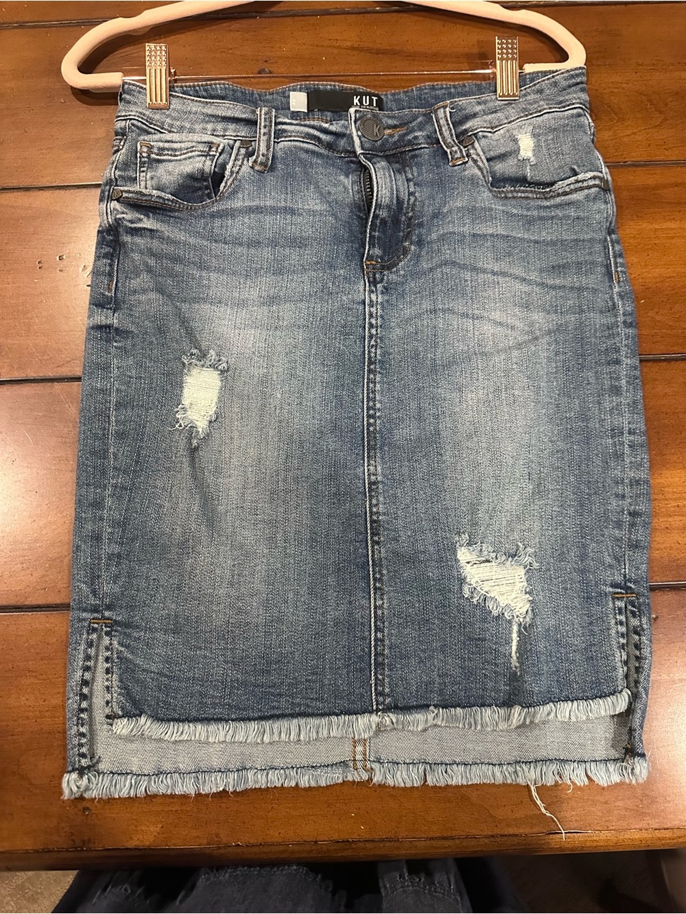 Kut from the Kloth Medium Blue Distressed Denim Pencil Skirt
